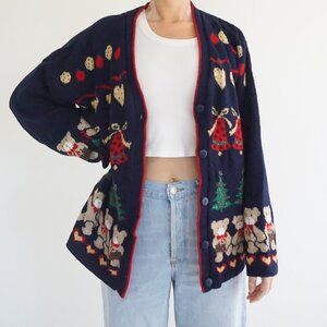 VTG Nutcracker Navy Knit Christmas Cardigan Teddy Bear Heart Holiday Sweater L